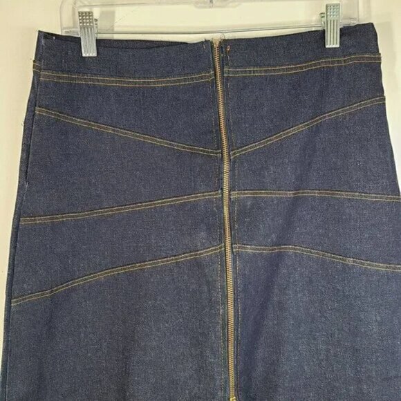 VTG CARAN Denim Jean Maxi Skirt Dark Wash Modest Zip Front Stretch USA Made - Picture 2 of 7